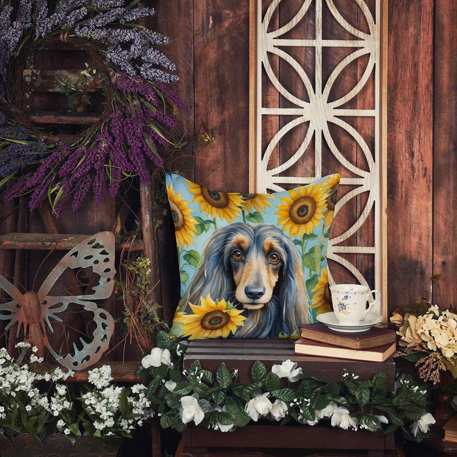 Afghan Hound in Sunflowers Decorative Throw Pillow 18x18 Indoor Outdoor Accent Cushion, Fabric Cover with Insert for Sofa, Bed, Porch & Living Room