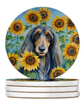 Afghan Hound in Sunflowers Large Sandstone Coasters Pack of 4 Absorbent Round Coasters Decor Gifts for Men or Women, 4 in, Multicolor