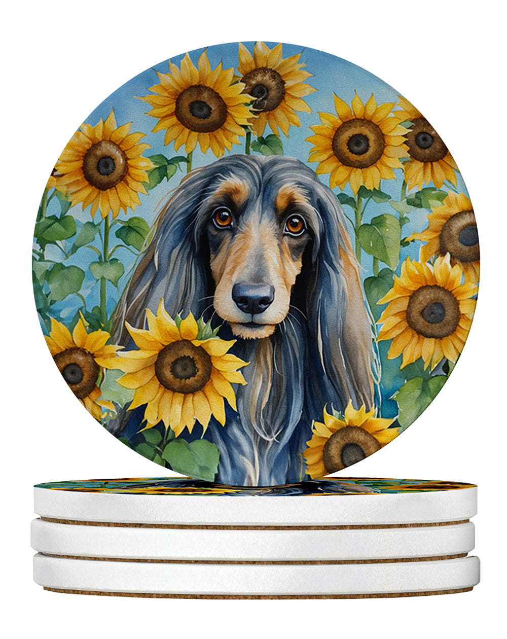 Afghan Hound in Sunflowers Large Sandstone Coasters Pack of 4 Absorbent Round Coasters Decor Gifts for Men or Women, 4 in, Multicolor