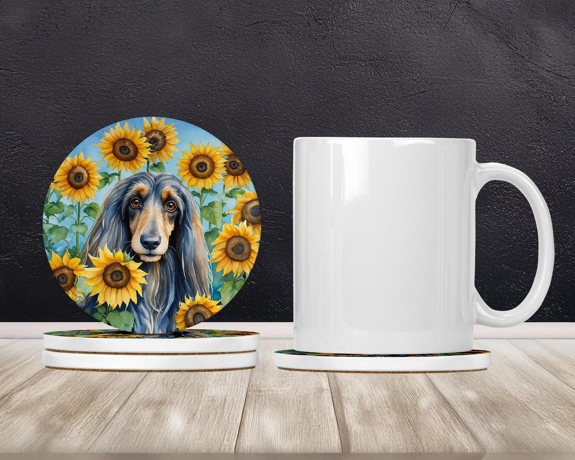 Afghan Hound in Sunflowers Large Sandstone Coasters Pack of 4 Absorbent Round Coasters Decor Gifts for Men or Women, 4 in, Multicolor