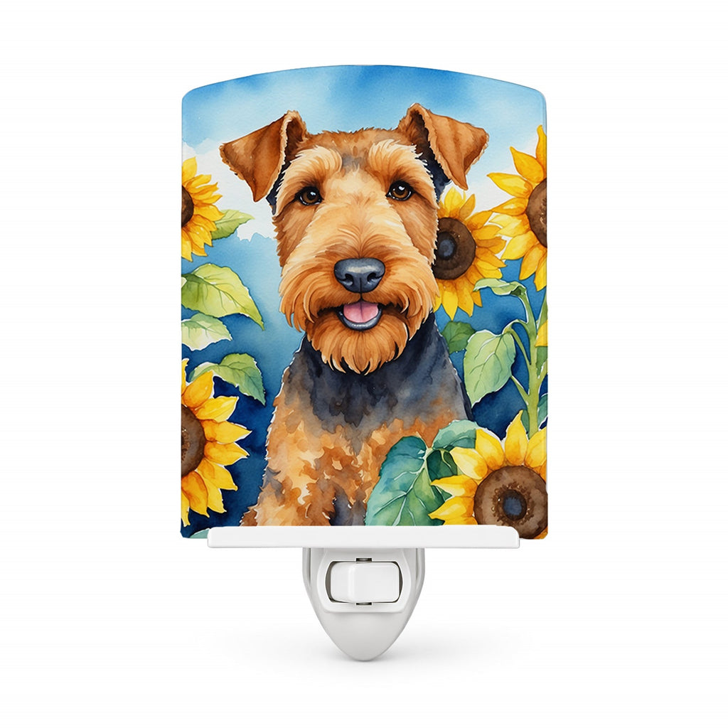 Airedale Terrier in Sunflowers Ceramic Night Light Compact, UL-Certified, Ideal for Bedroom, Bathroom, Nursery, Hallway, Kitchen, 6x4x3, Multicolor