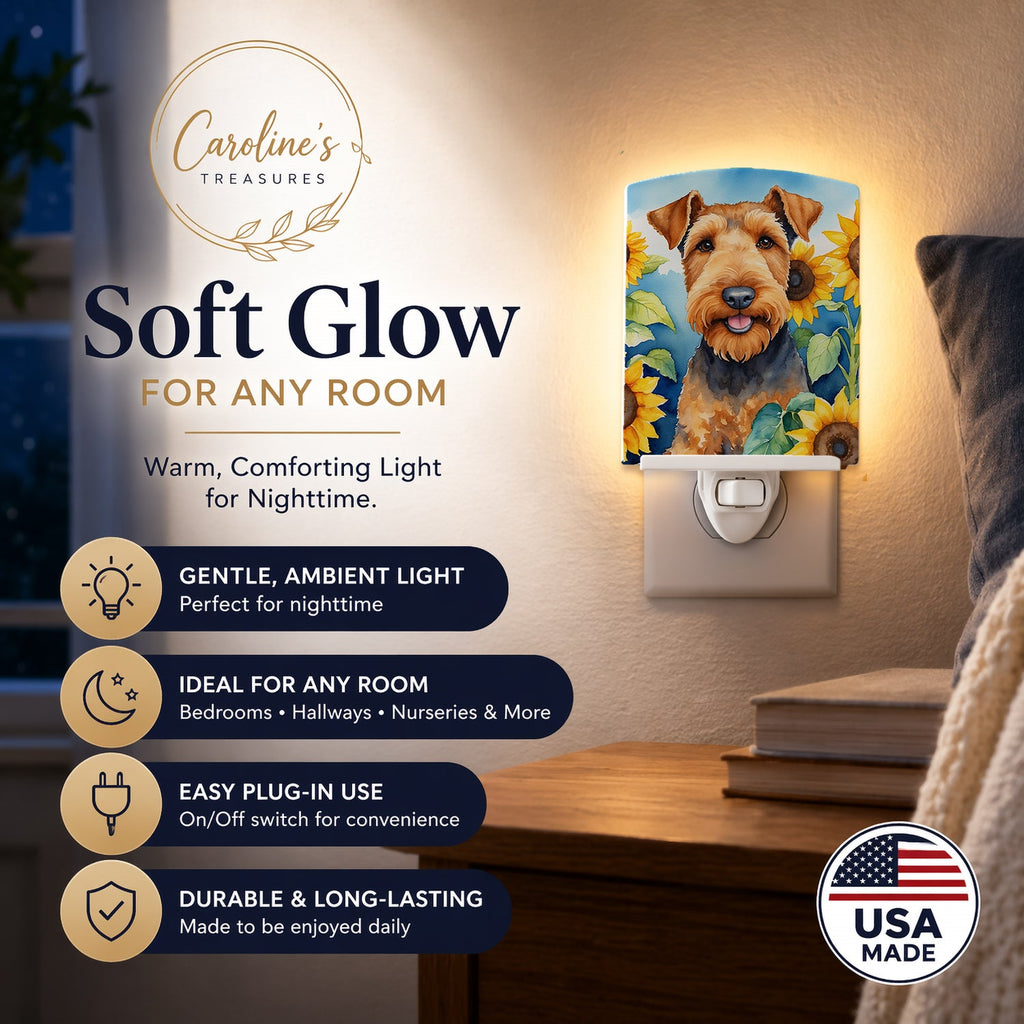 Airedale Terrier in Sunflowers Ceramic Night Light Compact, UL-Certified, Ideal for Bedroom, Bathroom, Nursery, Hallway, Kitchen, 6x4x3, Multicolor
