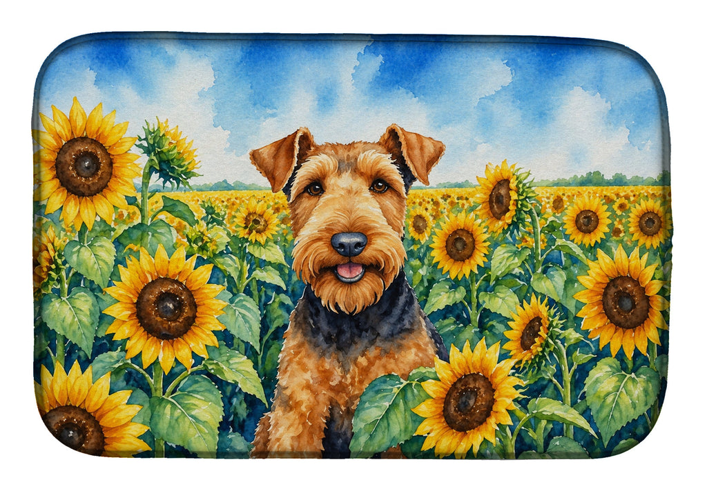 Airedale Terrier in Sunflowers Dish Drying Mat Absorbent Dish Drying Mat Pad for Kitchen Counter Dish Drainer Mat for Countertop, 14 x 21", Multicolor