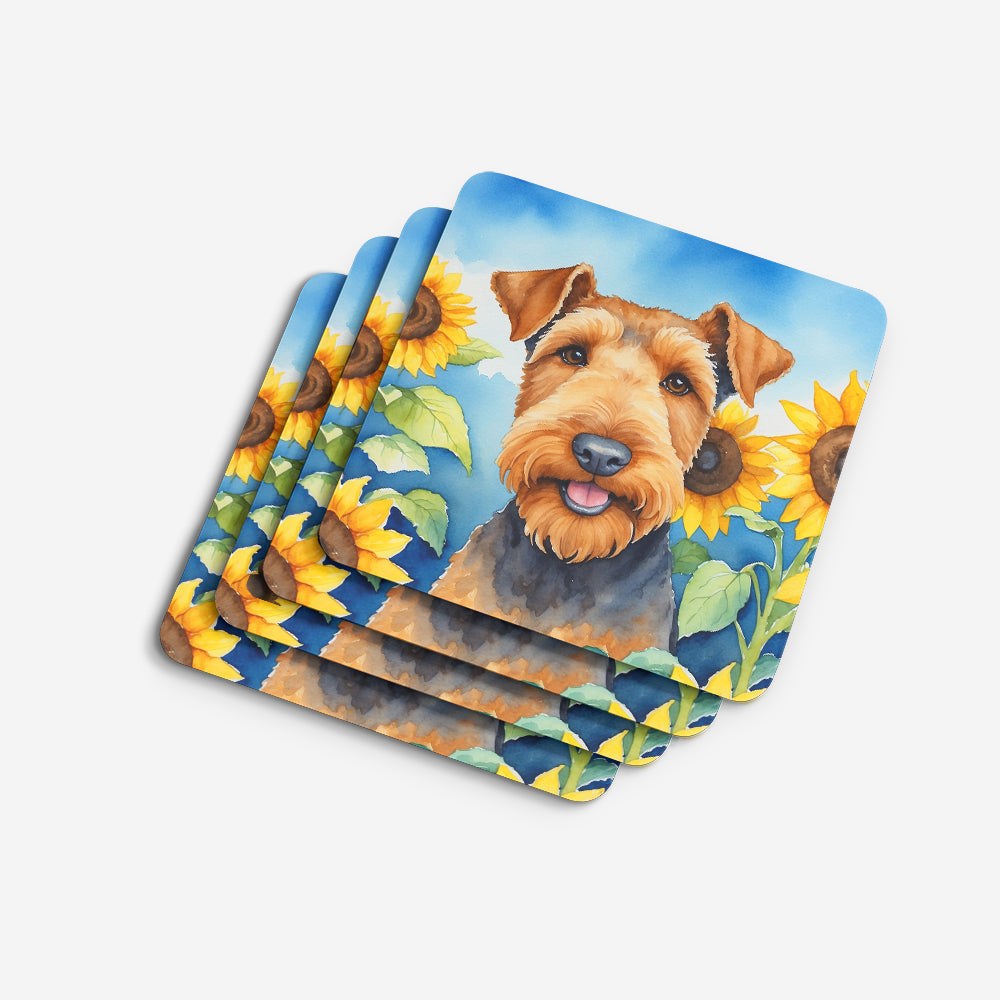 Airedale Terrier in Sunflowers Foam Coasters Set of 4 Cup Coasters for Indoor Outdoor, Tabletop Protection, Anti Slip, Mouse pad Material