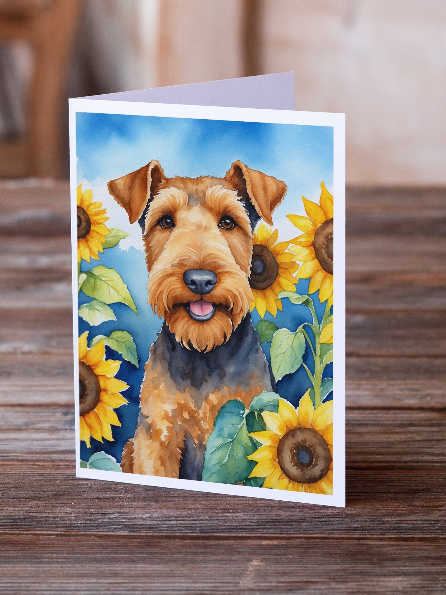 Airedale Terrier in Sunflowers Greeting Cards Pack of 8 Blank Cards with Envelopes Whimsical A7 Size 5x7