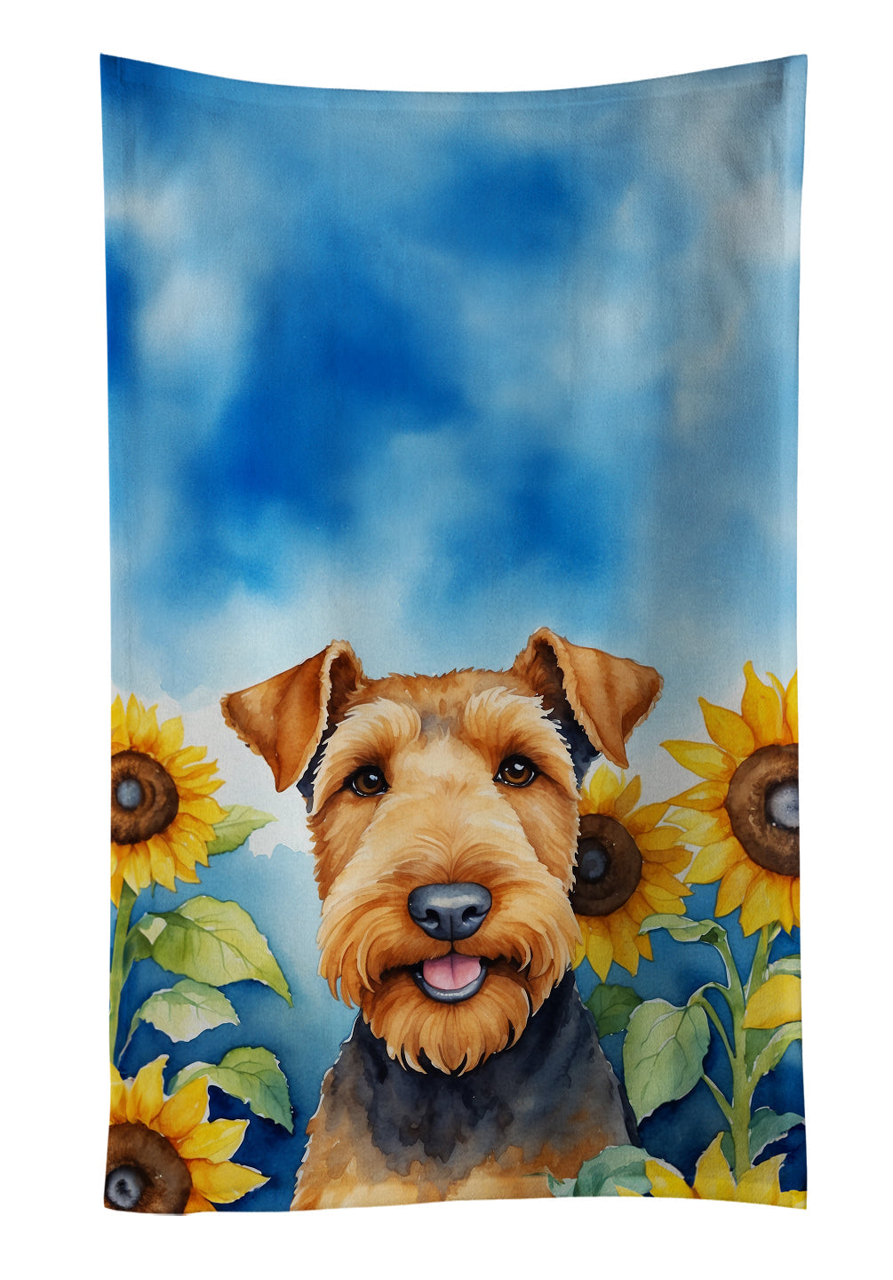 Airedale Terrier in Sunflowers Kitchen Towel Velour Plush Front and Cotton Loop Back Machine Washable