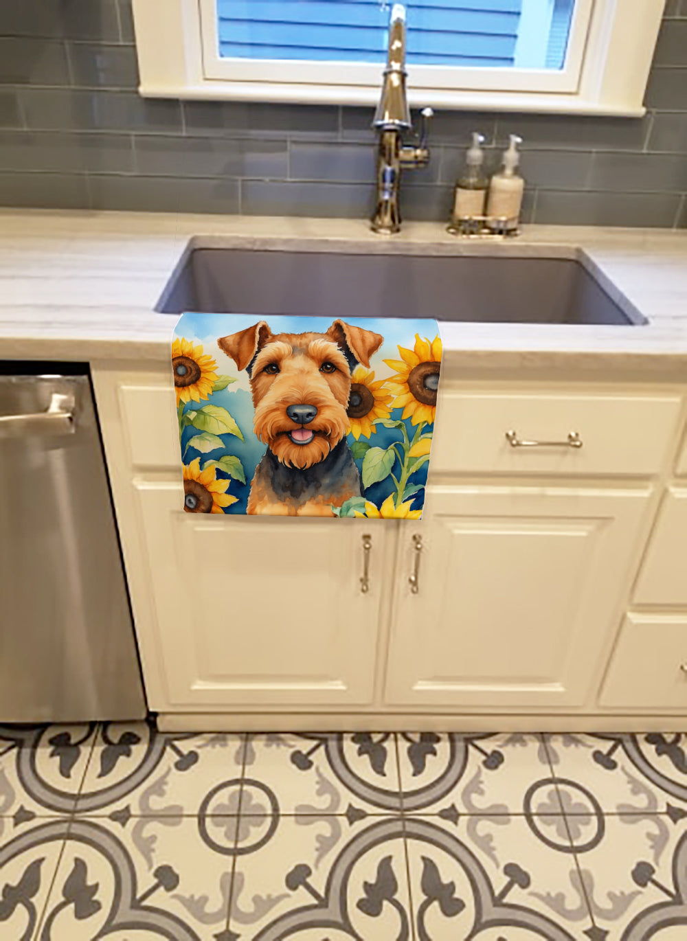 Airedale Terrier in Sunflowers Kitchen Towel Velour Plush Front and Cotton Loop Back Machine Washable