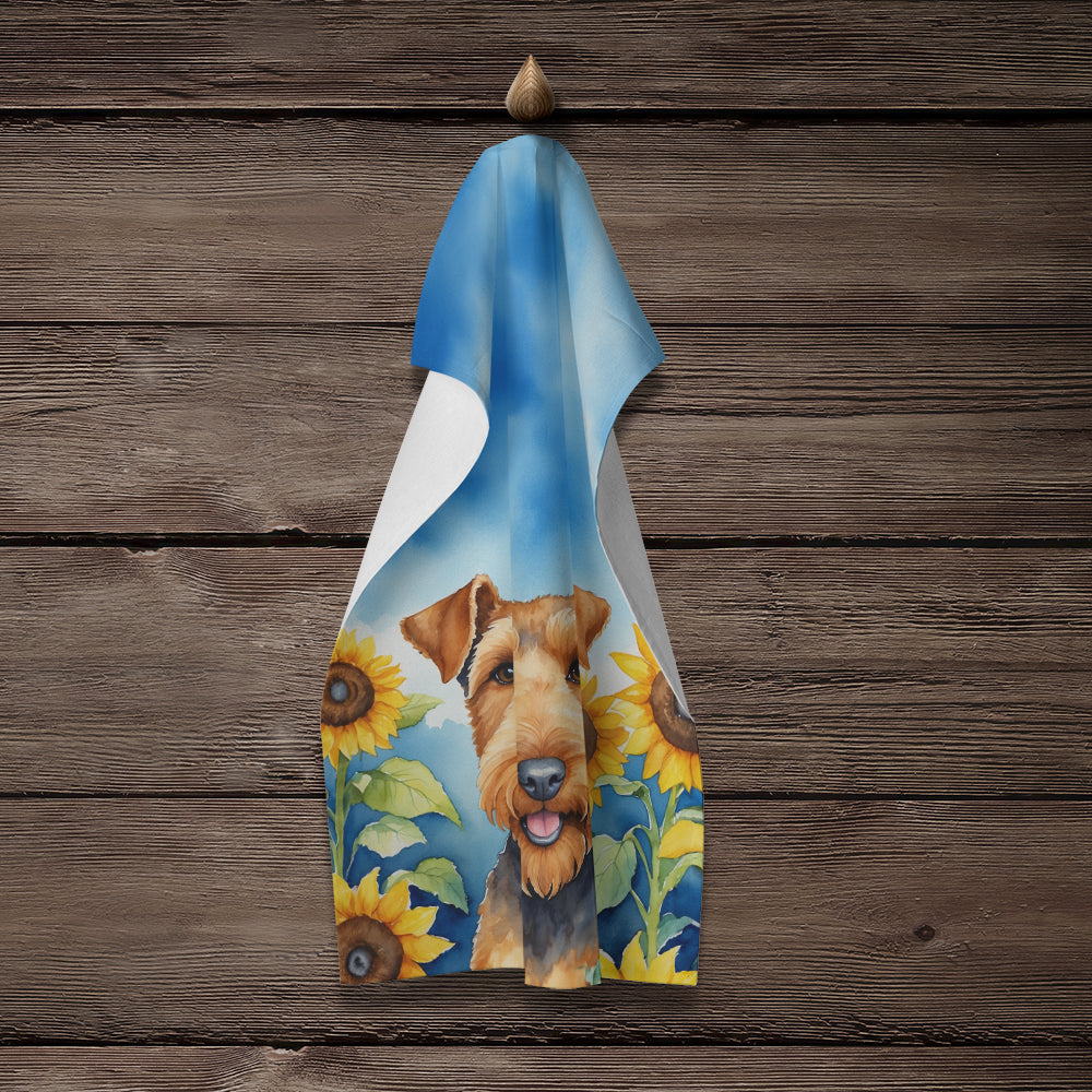 Airedale Terrier in Sunflowers Kitchen Towel Velour Plush Front and Cotton Loop Back Machine Washable
