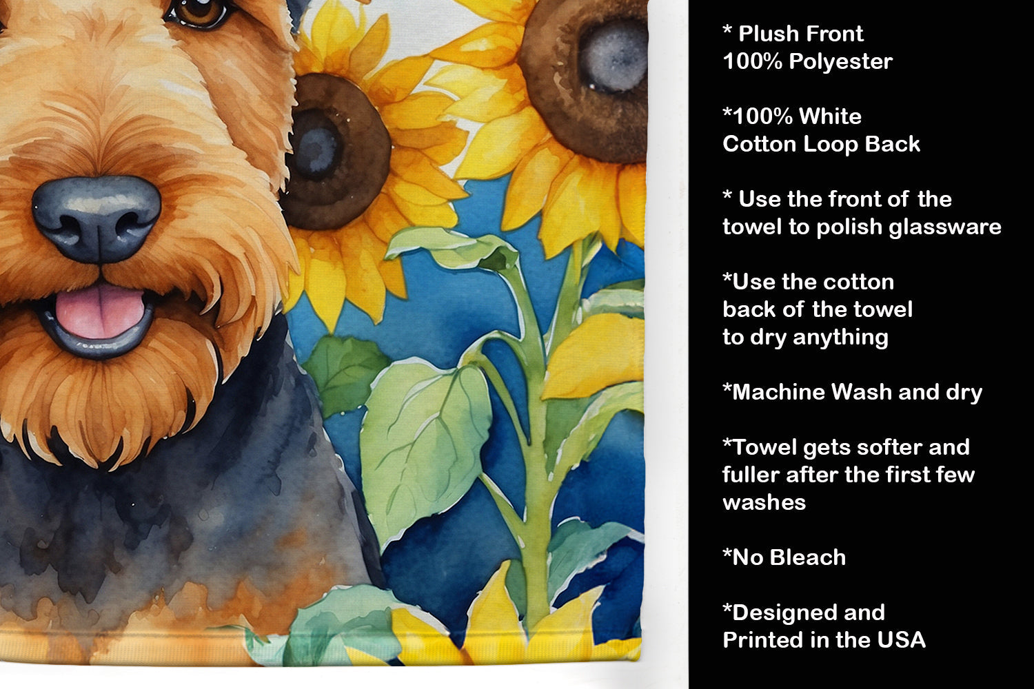 Airedale Terrier in Sunflowers Kitchen Towel Velour Plush Front and Cotton Loop Back Machine Washable