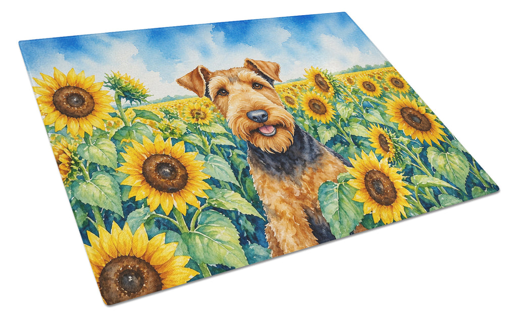 Airedale Terrier in Sunflowers Cutting Board Tempered Glass Kitchen Cutting Surface, Heat Resistant Chopping Board with Non-Slip Feet, Decorative Food Prep & Serving