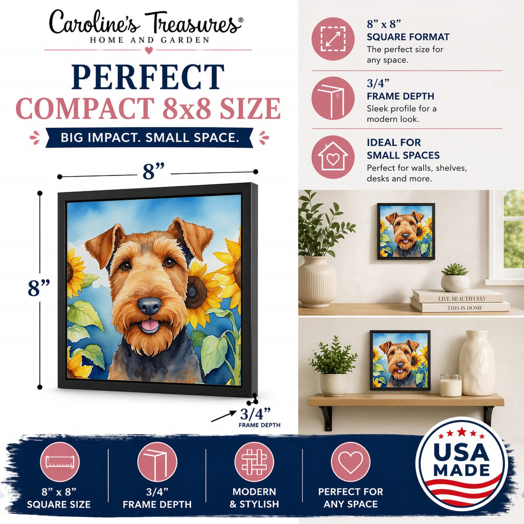 Airedale Terrier in Sunflowers Framed Metal Print Bathroom, Kitchen, Office, Home Decor Wall Art Ready to Hang, Square, 8X8