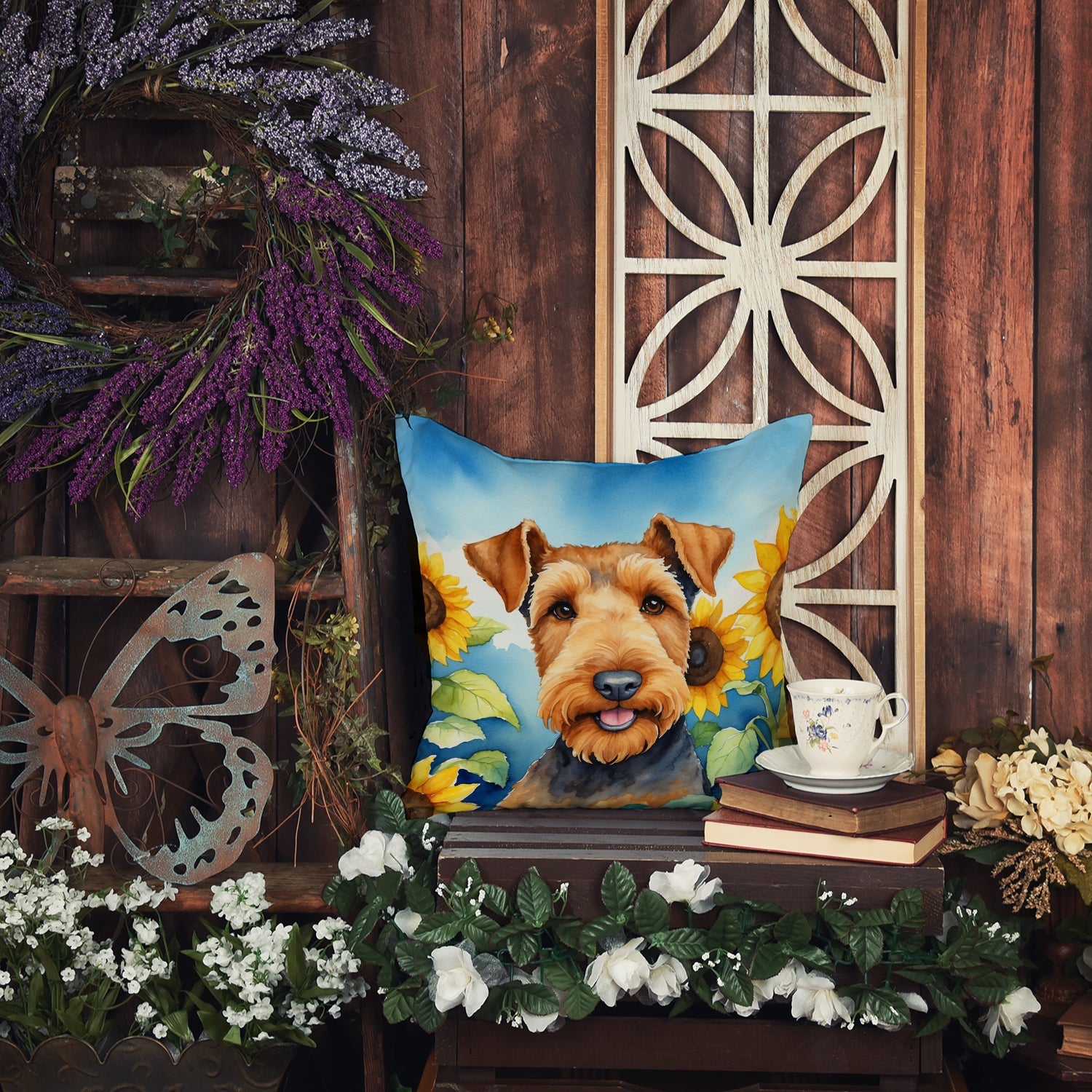 Airedale Terrier in Sunflowers Decorative Throw Pillow 14x14 Indoor Outdoor Accent Cushion, Fabric Cover with Insert for Sofa, Bed, Porch & Living Room