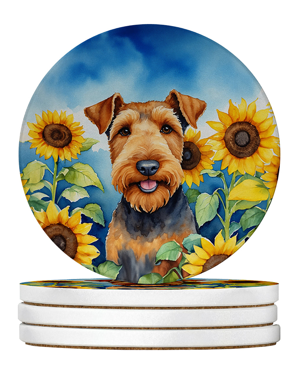 Airedale Terrier in Sunflowers Large Sandstone Coasters Pack of 4 Absorbent Round Coasters Decor Gifts for Men or Women, 4 in, Multicolor