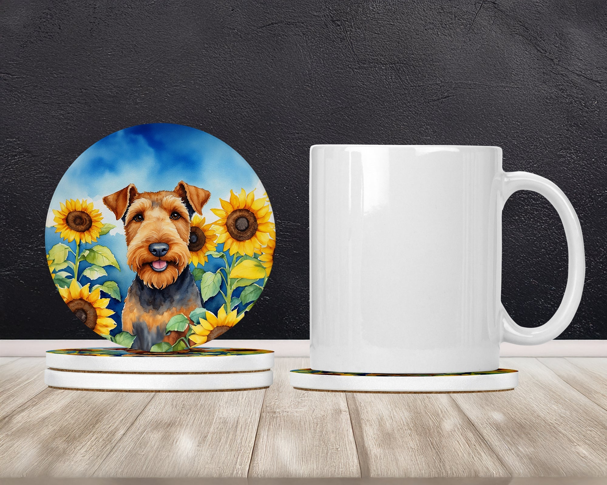 Airedale Terrier in Sunflowers Large Sandstone Coasters Pack of 4 Absorbent Round Coasters Decor Gifts for Men or Women, 4 in, Multicolor