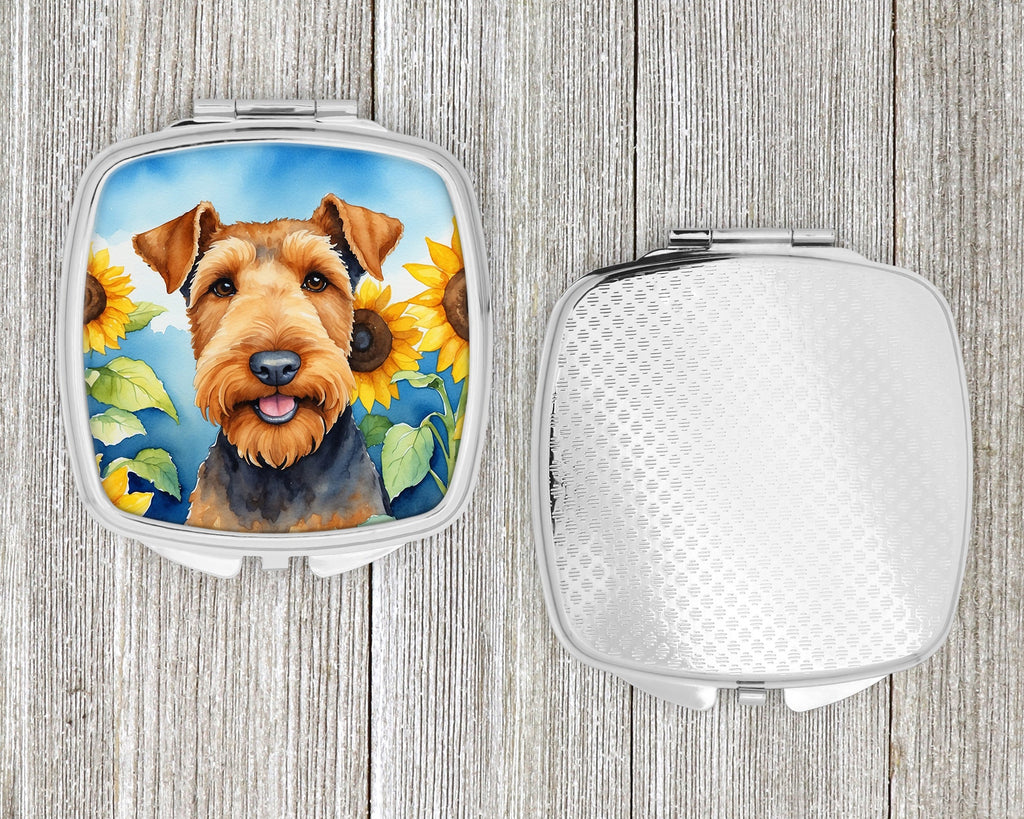 Airedale Terrier in Sunflowers Compact Mirror Decorative Travel Makeup Mirror for Women Girls Gifts Pocket Makeup Mirror Folding Handheld