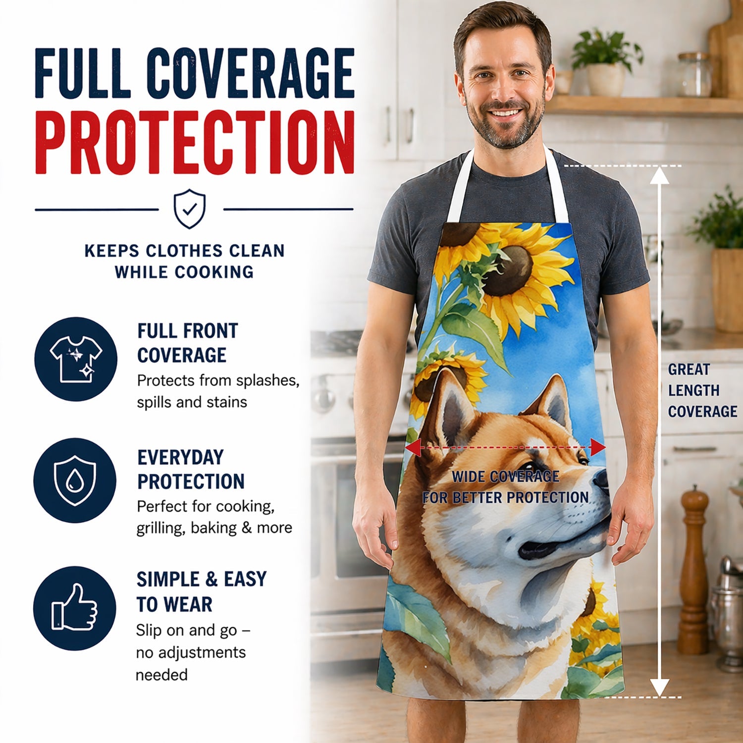 Akita in Sunflowers Apron Cooking Kitchen Server Baking Crafts Gardening for Adult Women Men, Unisex, Large, Multicolor