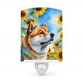 Akita in Sunflowers Ceramic Night Light Compact, UL-Certified, Ideal for Bedroom, Bathroom, Nursery, Hallway, Kitchen, 6x4x3, Multicolor