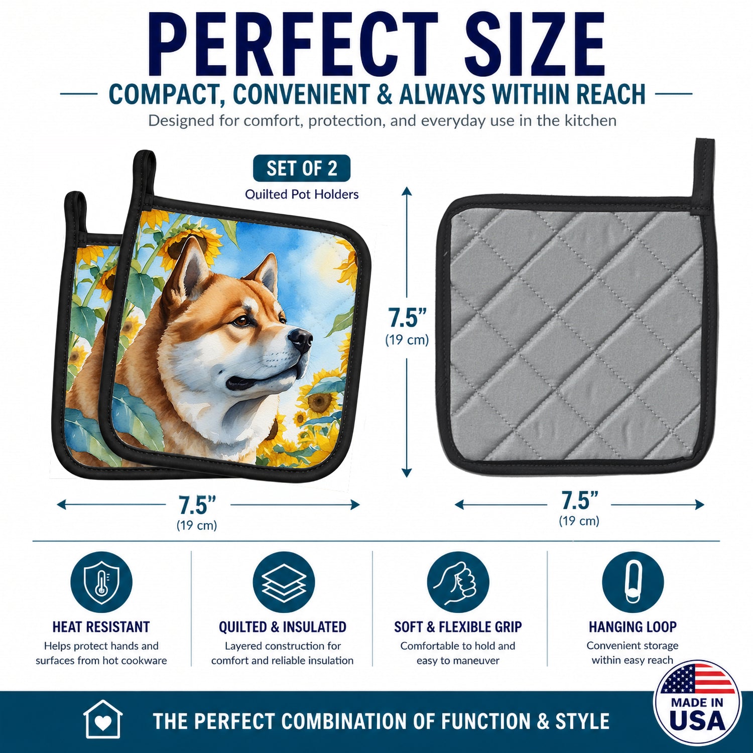 Akita in Sunflowers Pot Holder Set of 2 Heat Resistant Quilted Hot Pads 7.5 x 7.5 Inch, Insulated Kitchen Trivets for Cooking & Baking