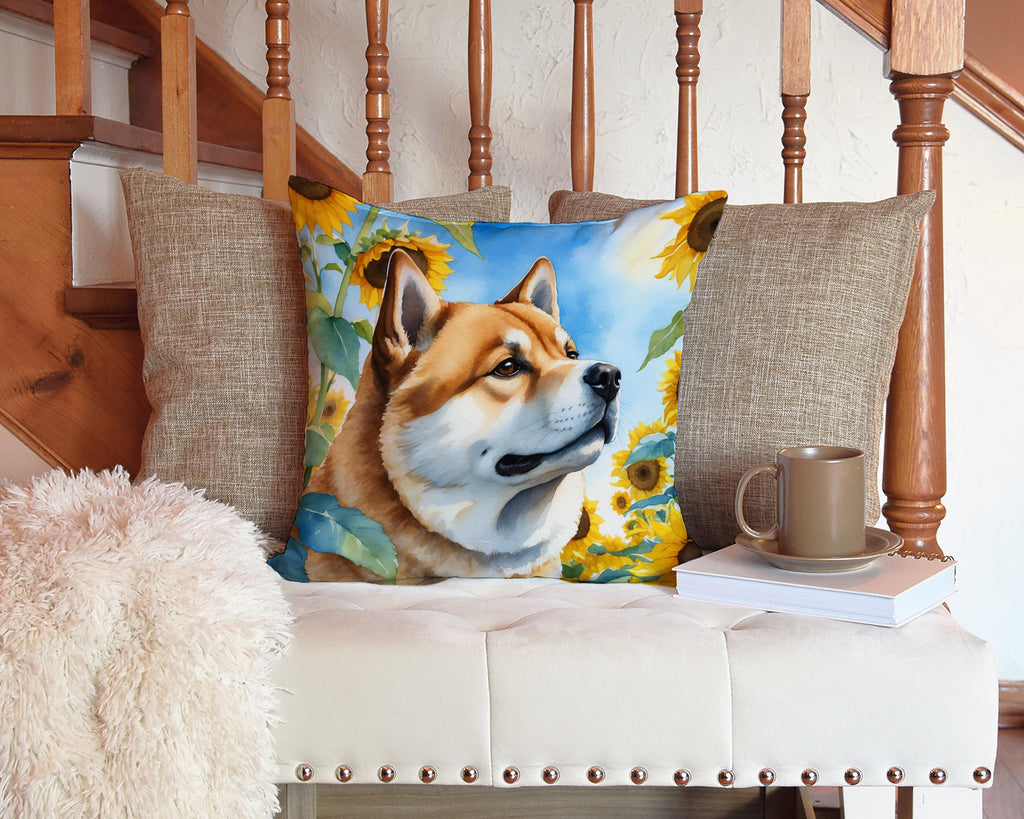 Akita in Sunflowers Decorative Throw Pillow 14x14 Indoor Outdoor Accent Cushion, Fabric Cover with Insert for Sofa, Bed, Porch & Living Room
