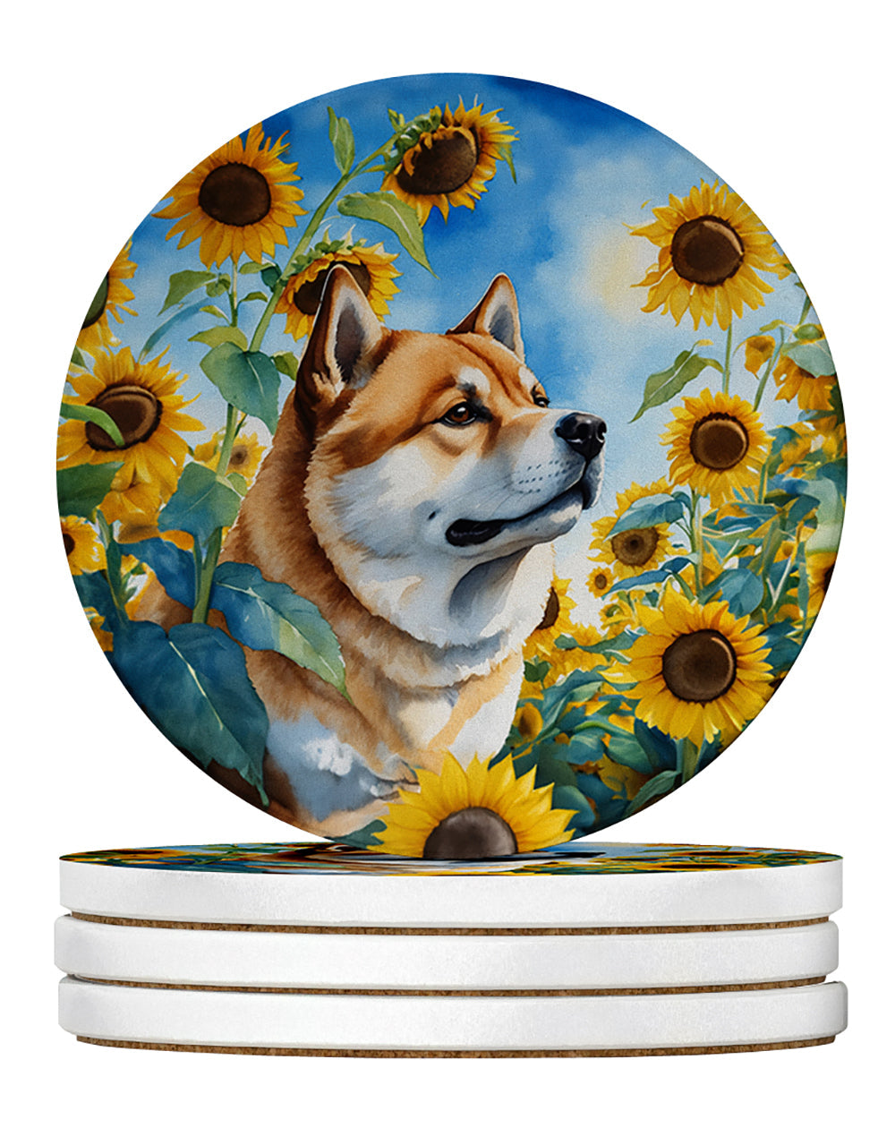 Akita in Sunflowers Large Sandstone Coasters Pack of 4 Absorbent Round Coasters Decor Gifts for Men or Women, 4 in, Multicolor