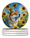 Akita in Sunflowers Large Sandstone Coasters Pack of 4 Absorbent Round Coasters Decor Gifts for Men or Women, 4 in, Multicolor
