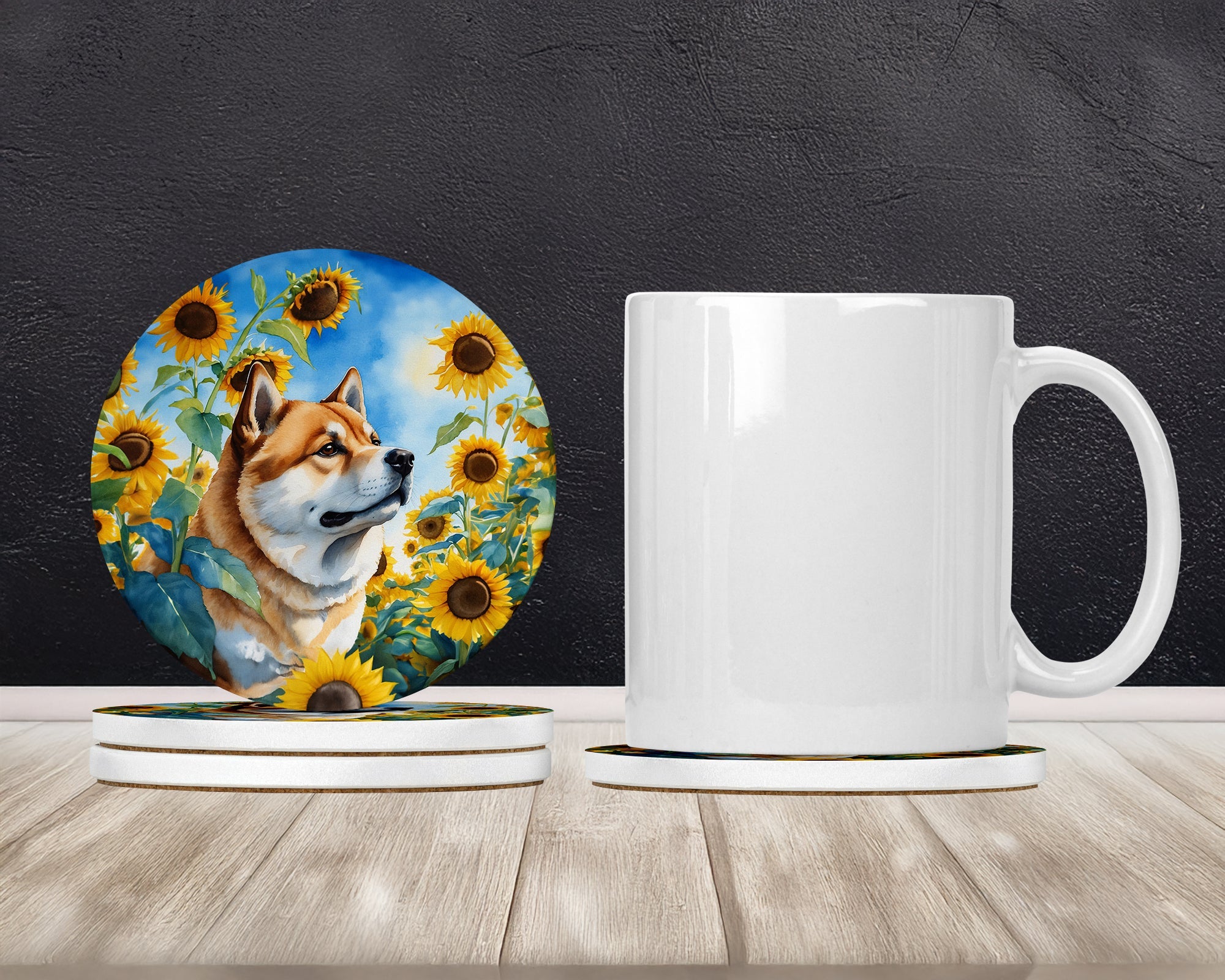 Akita in Sunflowers Large Sandstone Coasters Pack of 4 Absorbent Round Coasters Decor Gifts for Men or Women, 4 in, Multicolor