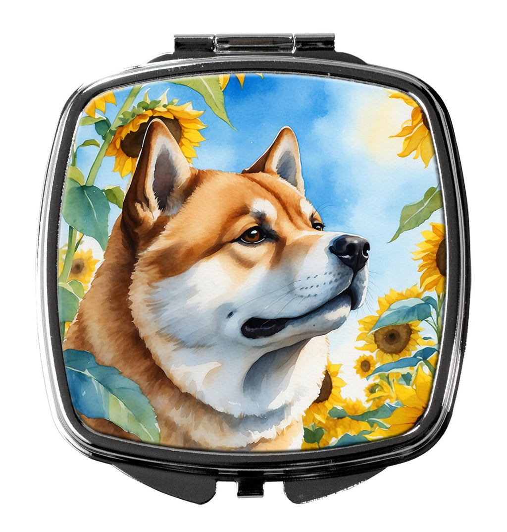 Akita in Sunflowers Compact Mirror Decorative Travel Makeup Mirror for Women Girls Gifts Pocket Makeup Mirror Folding Handheld
