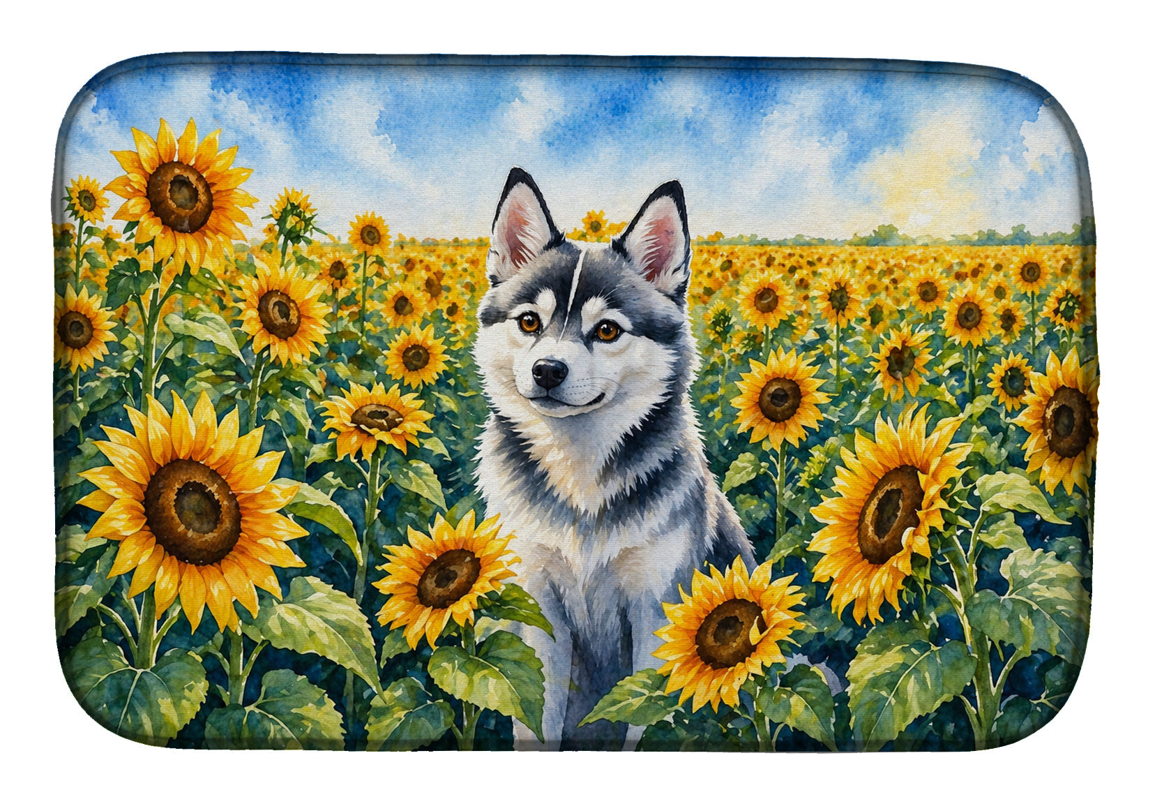 Alaskan Klee Kai in Sunflowers Dish Drying Mat Absorbent Dish Drying Mat Pad for Kitchen Counter Dish Drainer Mat for Countertop, 14 x 21", Multicolor