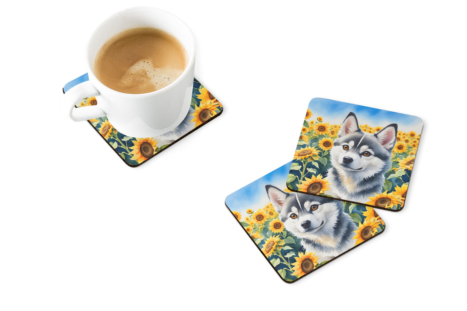 Alaskan Klee Kai in Sunflowers Foam Coasters Set of 4 Cup Coasters for Indoor Outdoor, Tabletop Protection, Anti Slip, Mouse pad Material