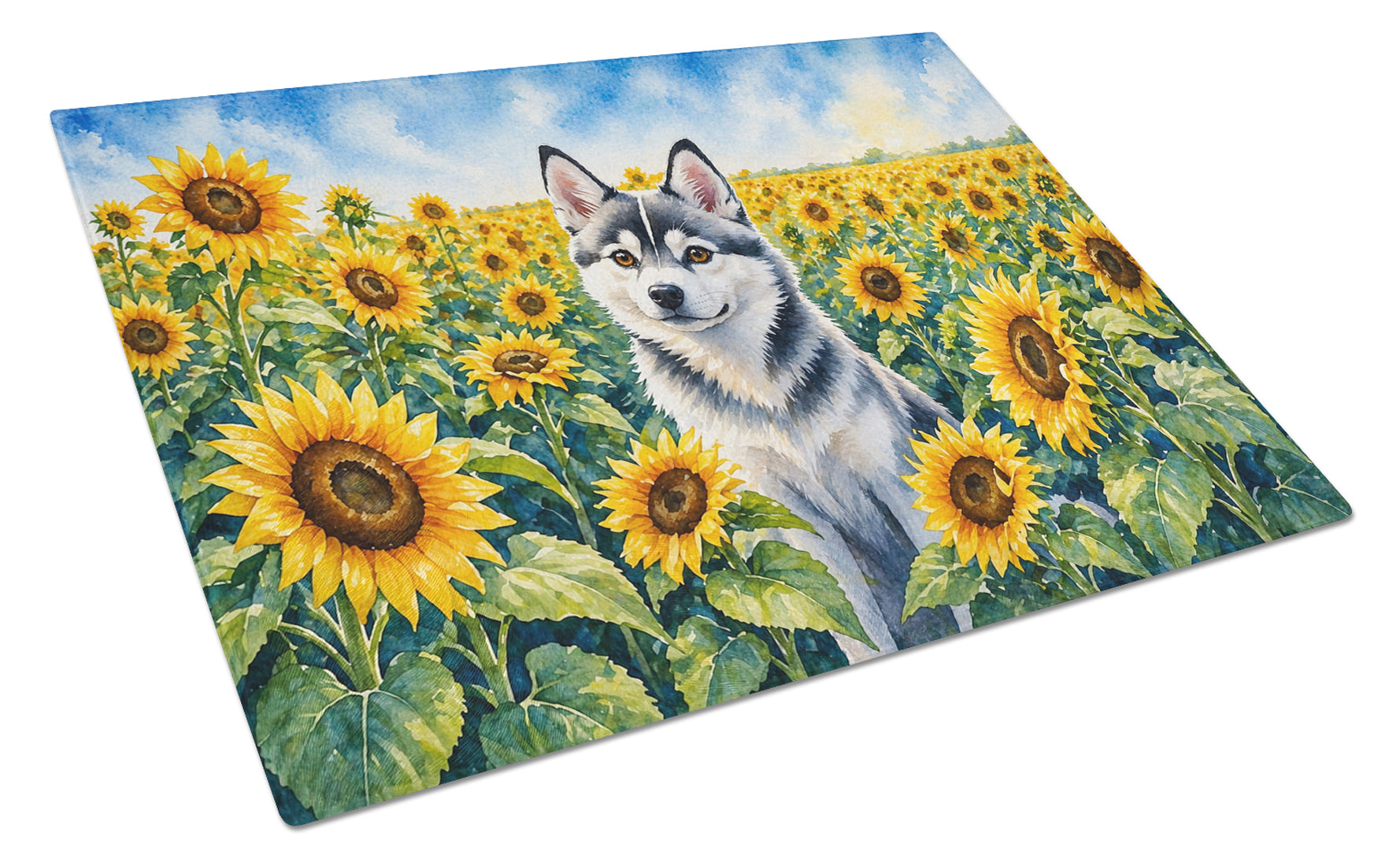 Alaskan Klee Kai in Sunflowers Cutting Board Tempered Glass Kitchen Cutting Surface, Heat Resistant Chopping Board with Non-Slip Feet, Decorative Food Prep & Serving