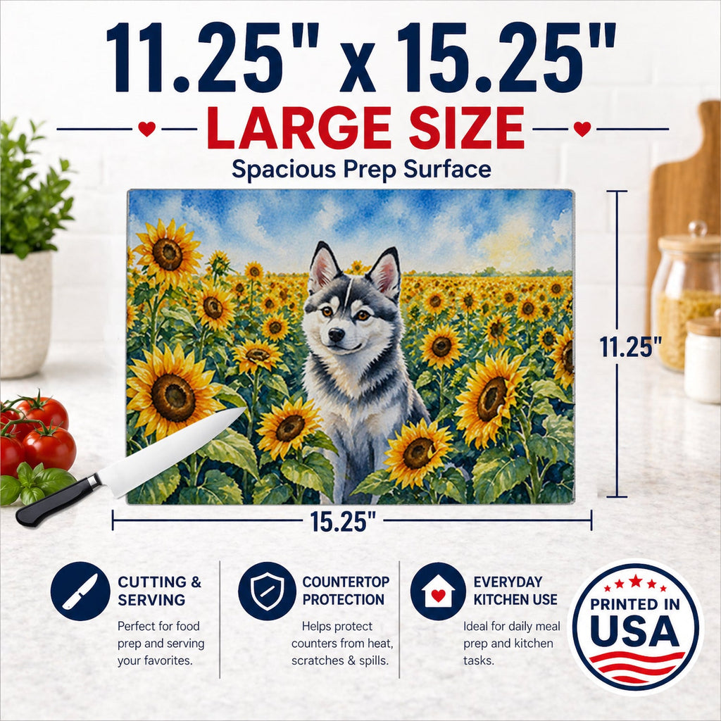 Alaskan Klee Kai in Sunflowers Cutting Board Tempered Glass Kitchen Cutting Surface, Heat Resistant Chopping Board with Non-Slip Feet, Decorative Food Prep & Serving