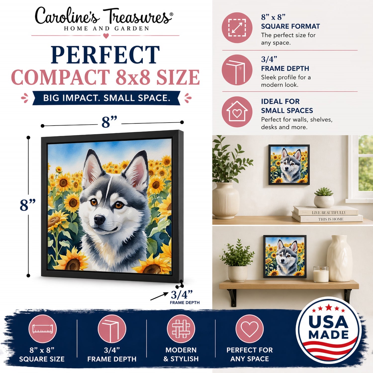 Alaskan Klee Kai in Sunflowers Framed Metal Print Bathroom, Kitchen, Office, Home Decor Wall Art Ready to Hang, Square, 8X8