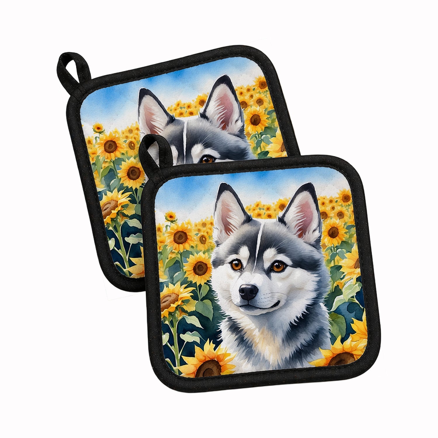 Alaskan Klee Kai in Sunflowers Pot Holder Set of 2 Heat Resistant Quilted Hot Pads 7.5 x 7.5 Inch, Insulated Kitchen Trivets for Cooking & Baking