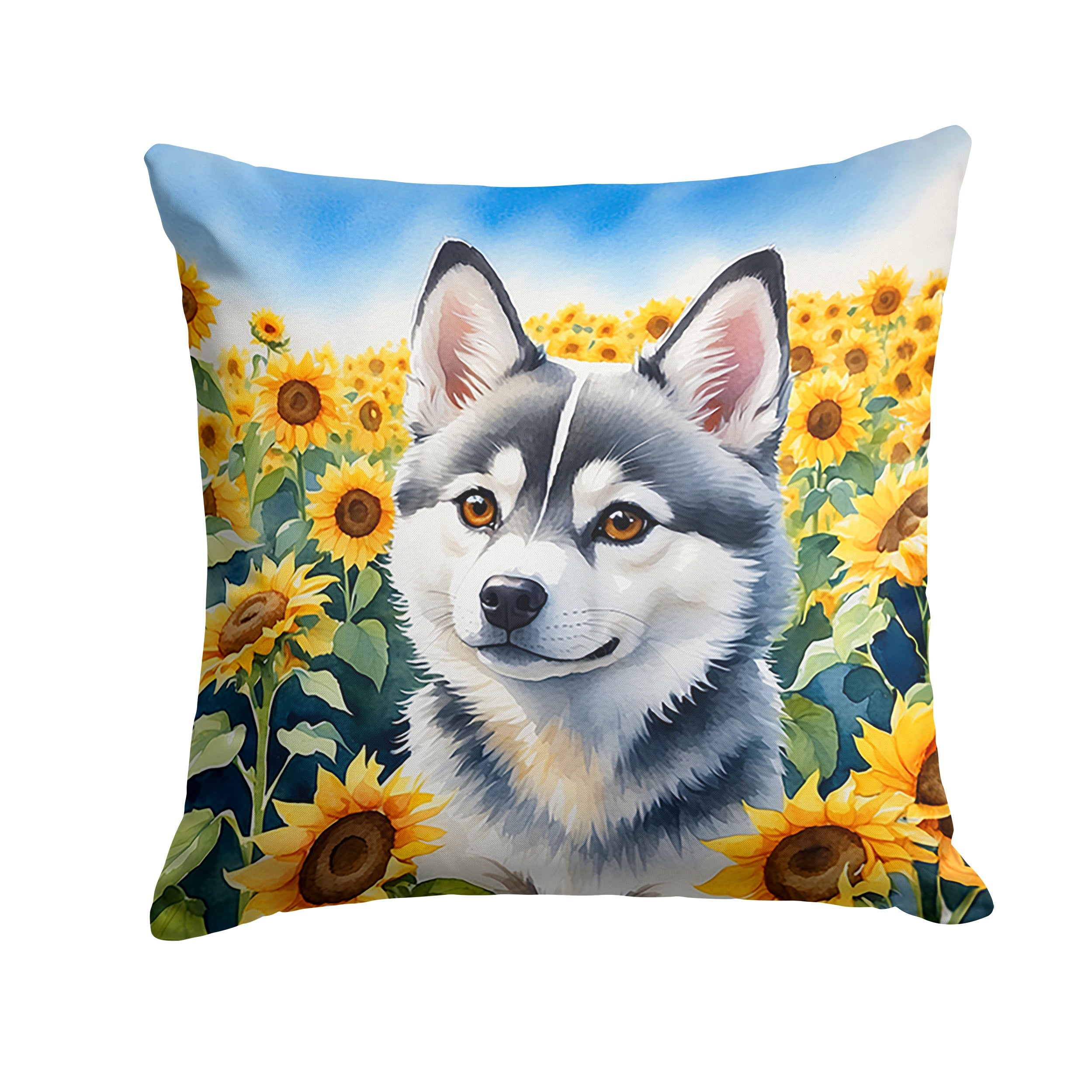 Alaskan Klee Kai in Sunflowers Decorative Throw Pillow 14x14 Indoor Outdoor Accent Cushion, Fabric Cover with Insert for Sofa, Bed, Porch & Living Room