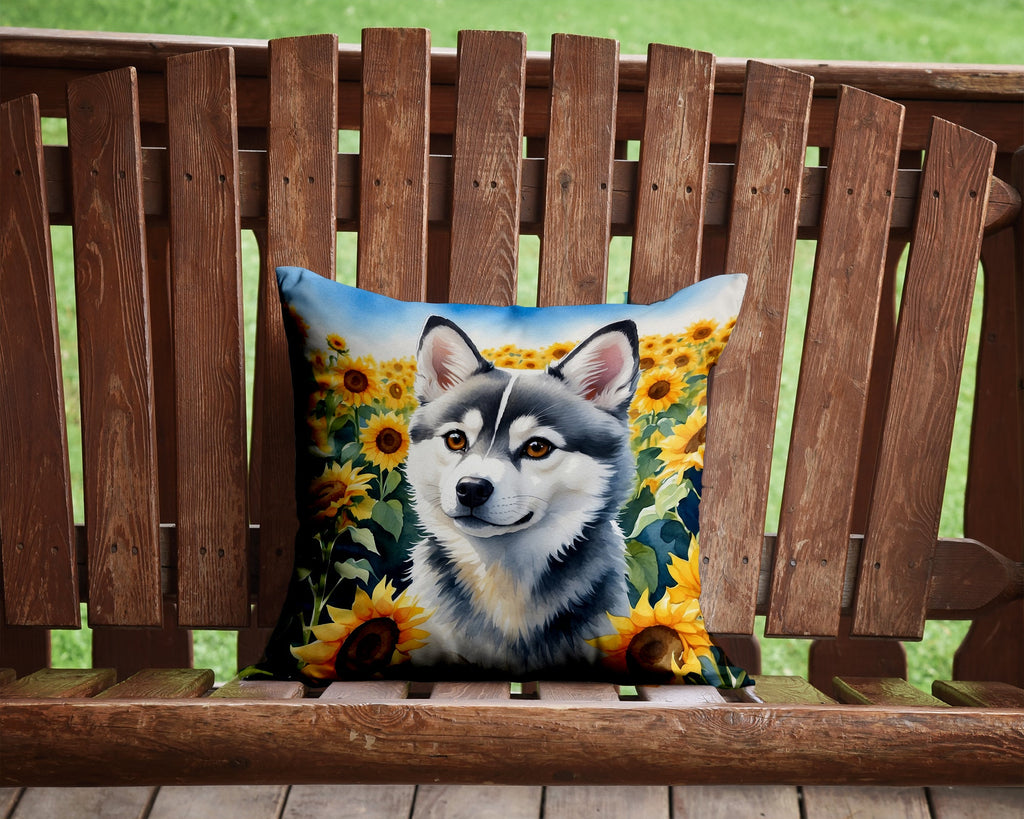 Alaskan Klee Kai in Sunflowers Decorative Throw Pillow 14x14 Indoor Outdoor Accent Cushion, Fabric Cover with Insert for Sofa, Bed, Porch & Living Room