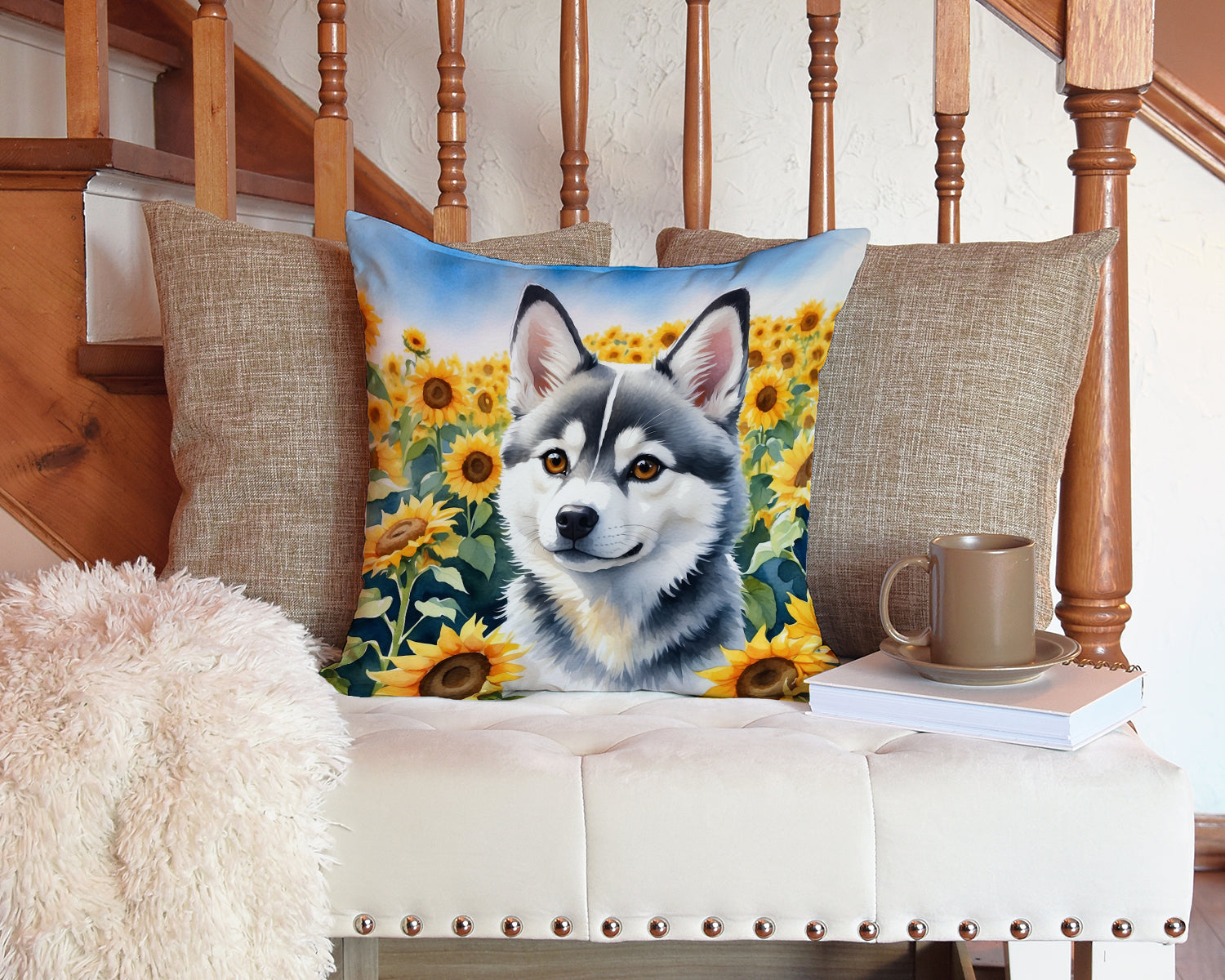 Alaskan Klee Kai in Sunflowers Decorative Throw Pillow 14x14 Indoor Outdoor Accent Cushion, Fabric Cover with Insert for Sofa, Bed, Porch & Living Room