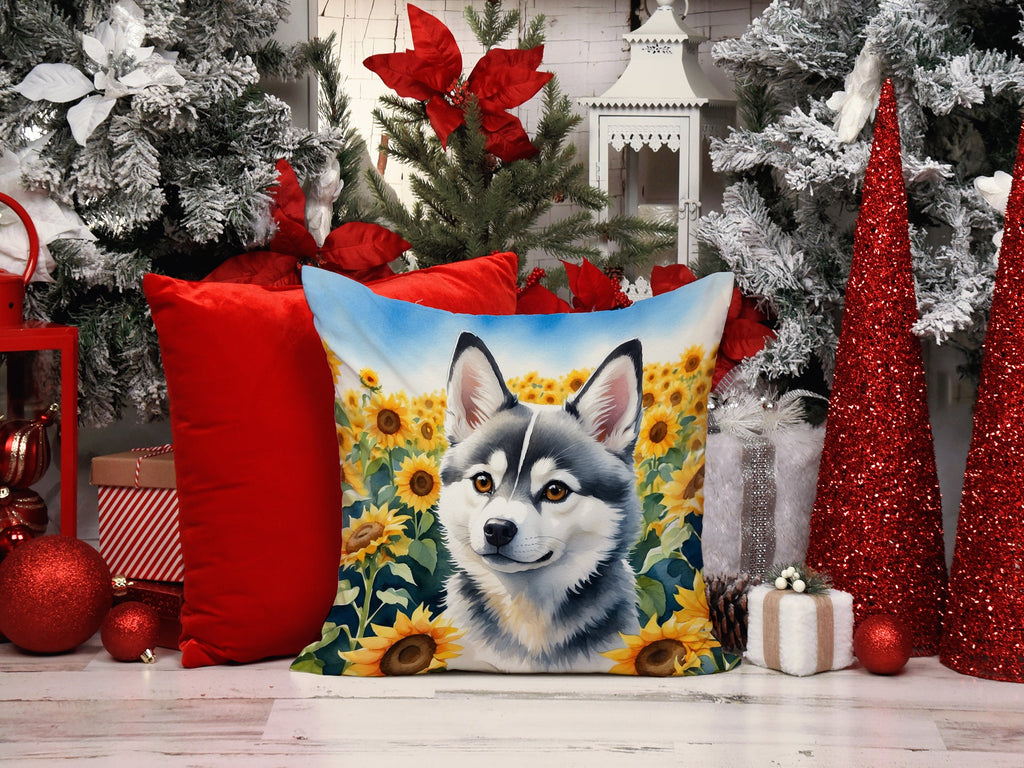 Alaskan Klee Kai in Sunflowers Decorative Throw Pillow 14x14 Indoor Outdoor Accent Cushion, Fabric Cover with Insert for Sofa, Bed, Porch & Living Room