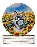 Alaskan Klee Kai in Sunflowers Large Sandstone Coasters Pack of 4 Absorbent Round Coasters Decor Gifts for Men or Women, 4 in, Multicolor