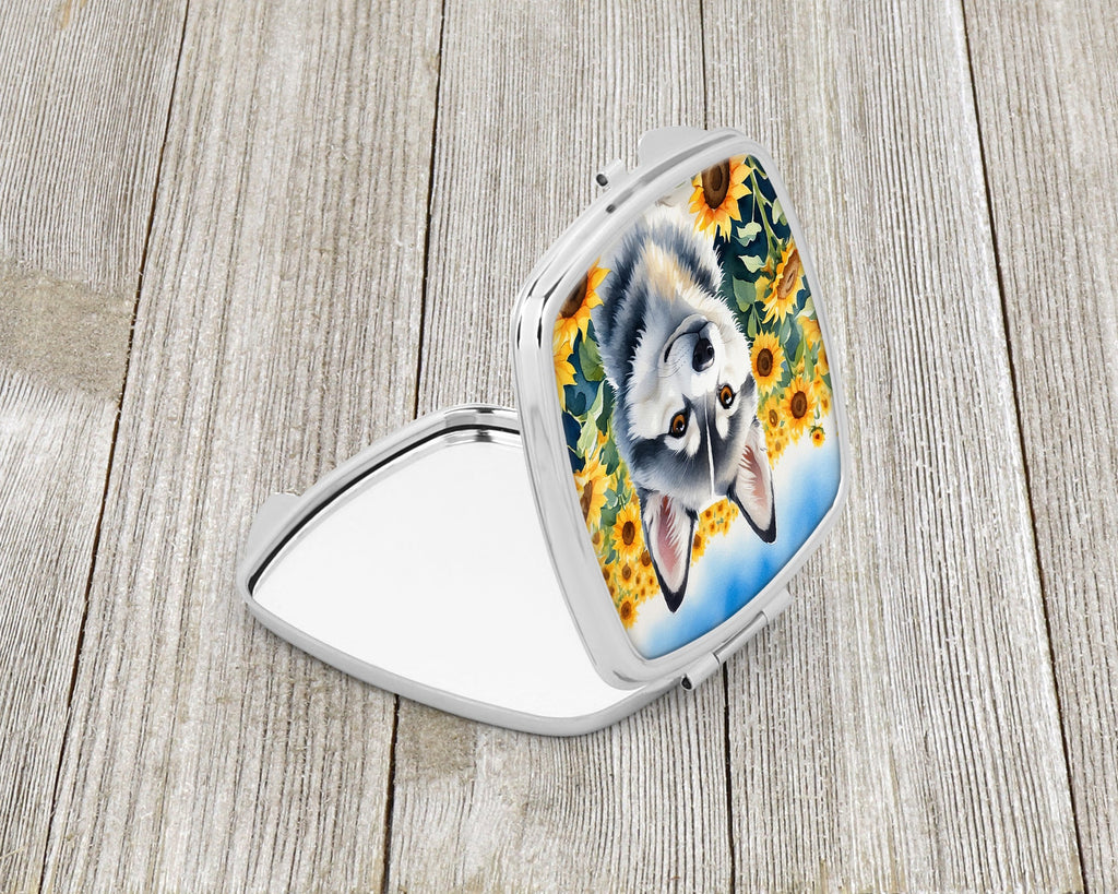 Alaskan Klee Kai in Sunflowers Compact Mirror Decorative Travel Makeup Mirror for Women Girls Gifts Pocket Makeup Mirror Folding Handheld