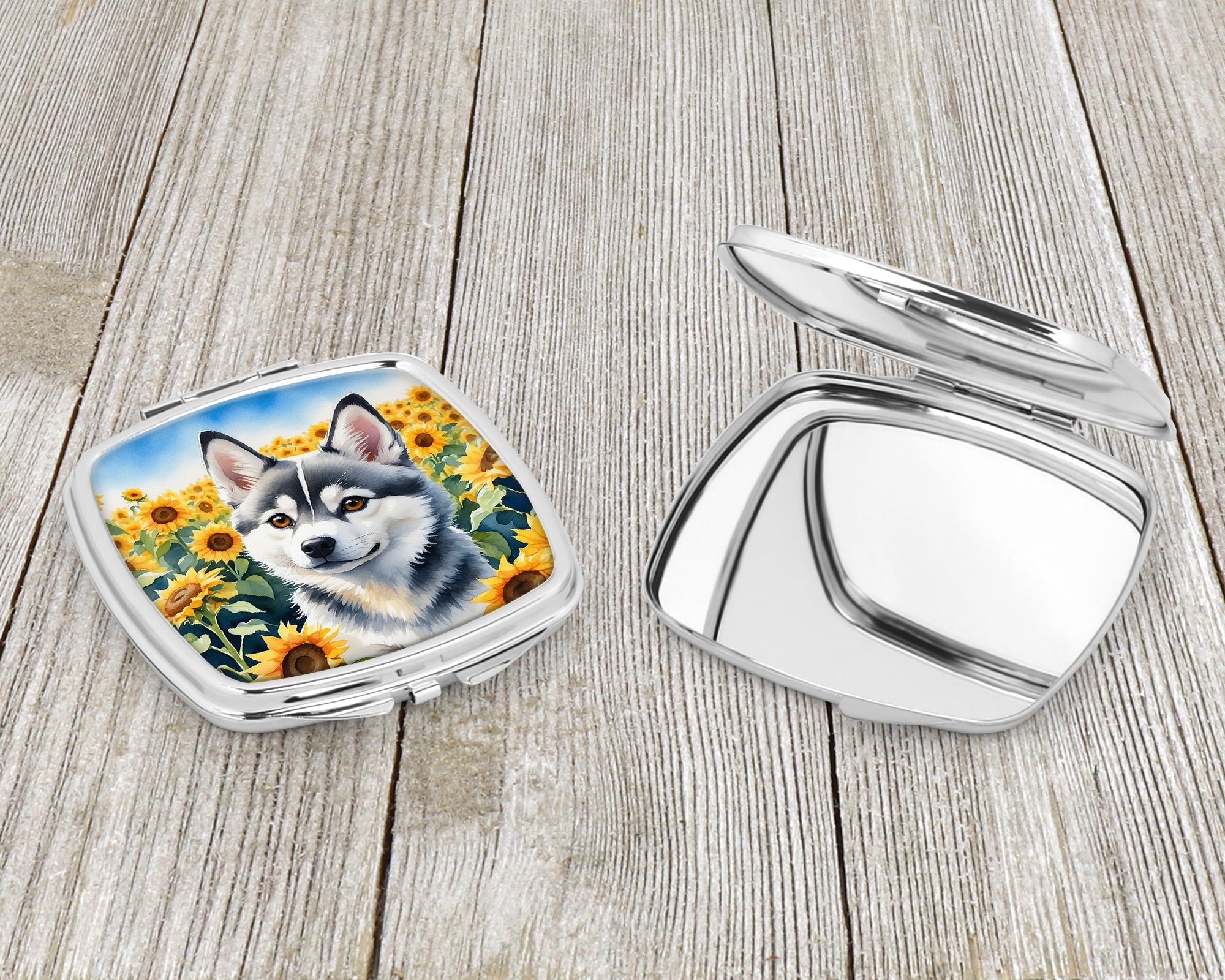 Alaskan Klee Kai in Sunflowers Compact Mirror Decorative Travel Makeup Mirror for Women Girls Gifts Pocket Makeup Mirror Folding Handheld