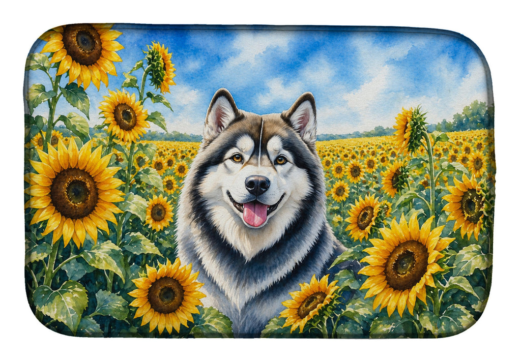 Alaskan Malamute in Sunflowers Dish Drying Mat Absorbent Dish Drying Mat Pad for Kitchen Counter Dish Drainer Mat for Countertop, 14 x 21", Multicolor