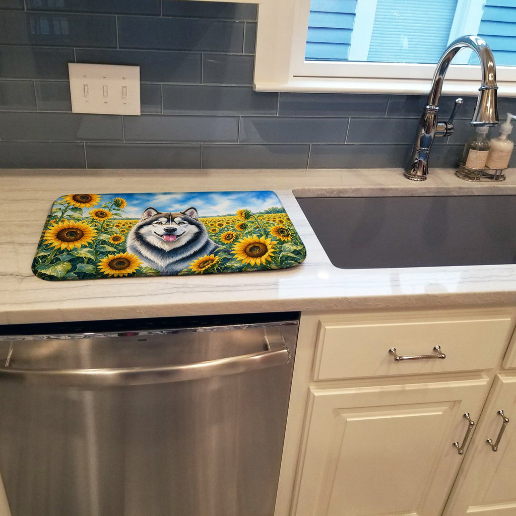 Alaskan Malamute in Sunflowers Dish Drying Mat Absorbent Dish Drying Mat Pad for Kitchen Counter Dish Drainer Mat for Countertop, 14 x 21", Multicolor