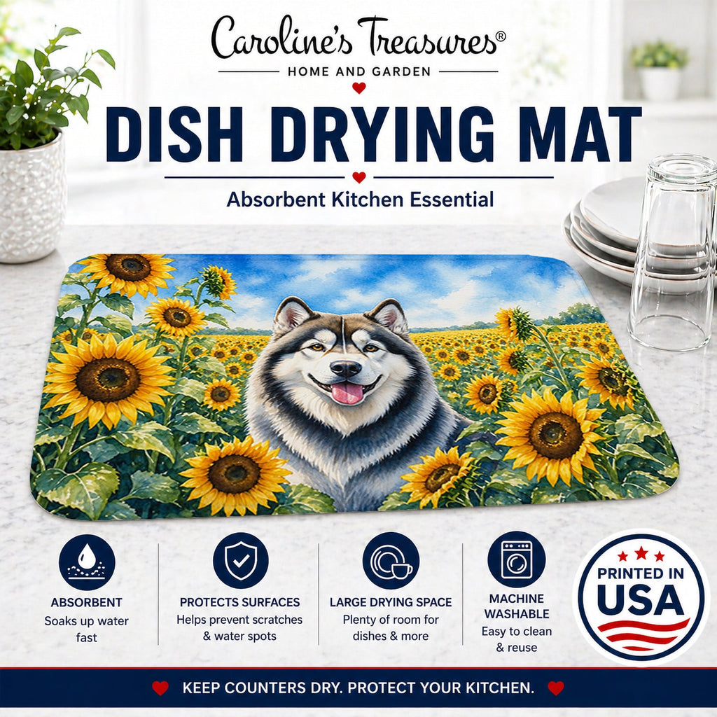 Alaskan Malamute in Sunflowers Dish Drying Mat Absorbent Dish Drying Mat Pad for Kitchen Counter Dish Drainer Mat for Countertop, 14 x 21", Multicolor