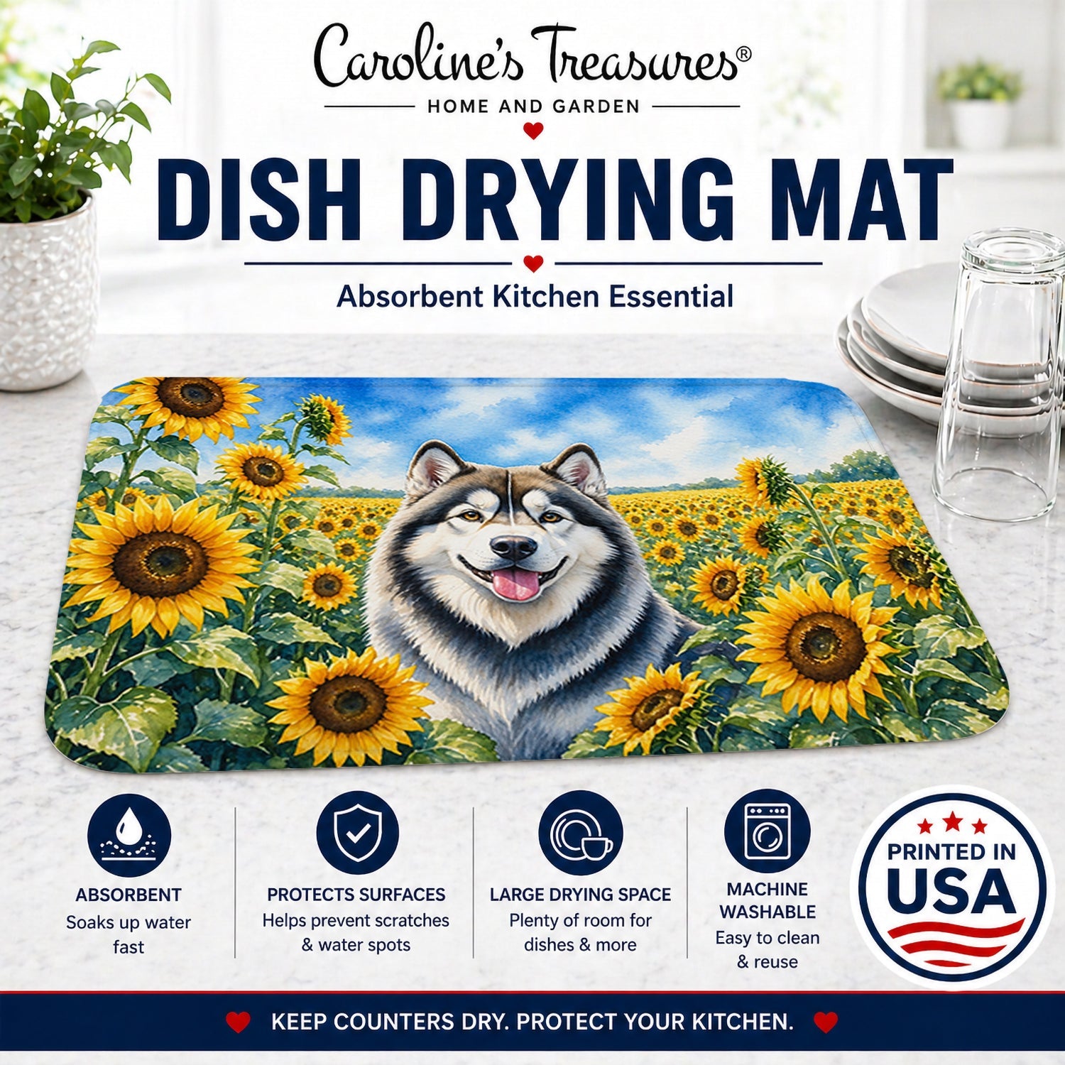 Alaskan Malamute in Sunflowers Dish Drying Mat Absorbent Dish Drying Mat Pad for Kitchen Counter Dish Drainer Mat for Countertop, 14 x 21", Multicolor