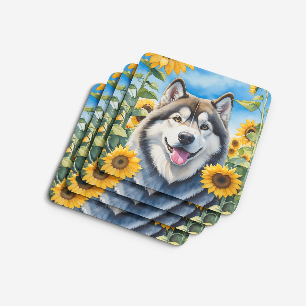 Alaskan Malamute in Sunflowers Foam Coasters Set of 4 Cup Coasters for Indoor Outdoor, Tabletop Protection, Anti Slip, Mouse pad Material
