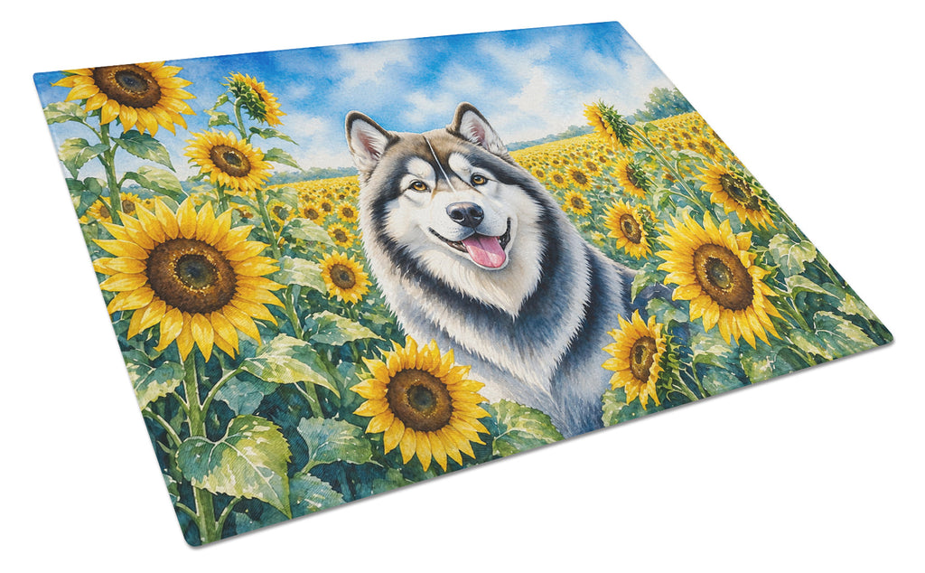 Alaskan Malamute in Sunflowers Cutting Board Tempered Glass Kitchen Cutting Surface, Heat Resistant Chopping Board with Non-Slip Feet, Decorative Food Prep & Serving