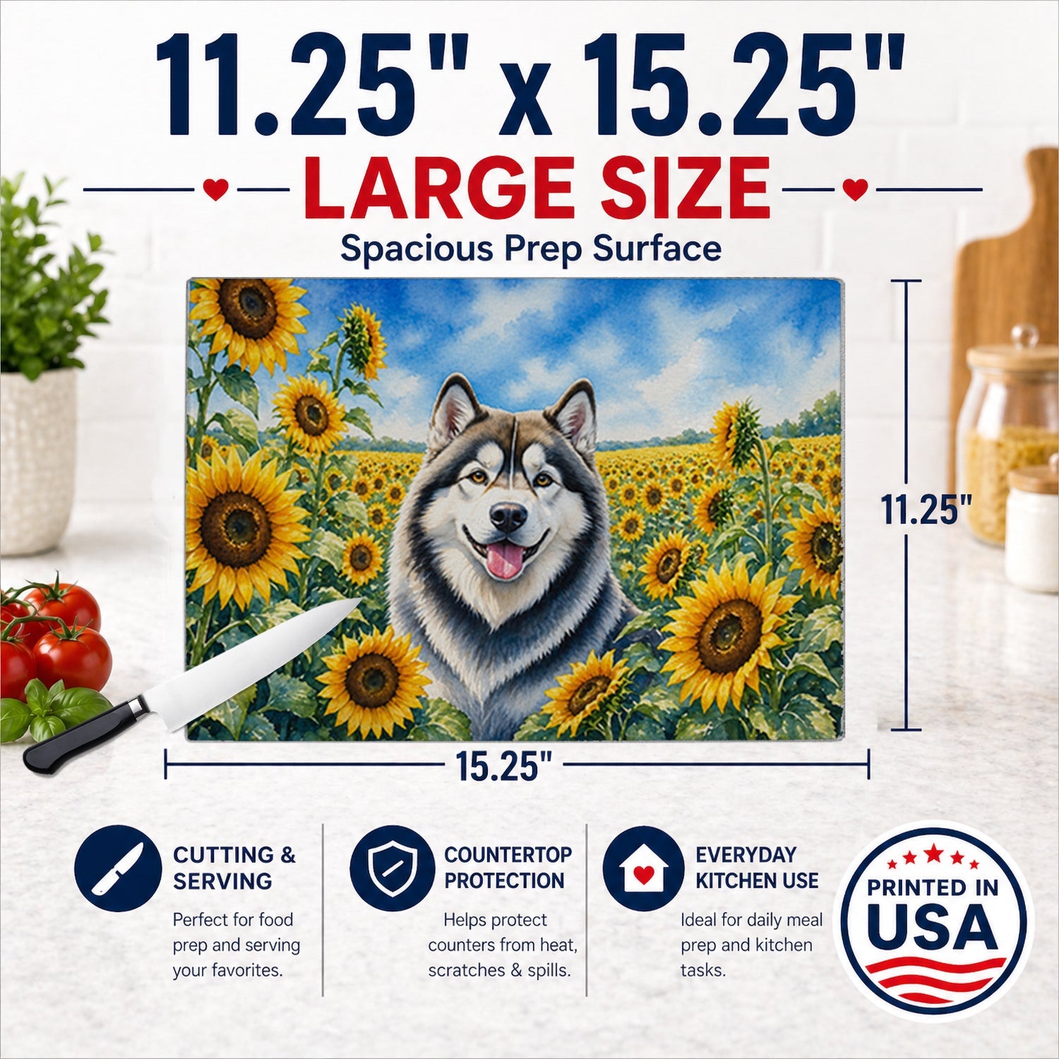 Alaskan Malamute in Sunflowers Cutting Board Tempered Glass Kitchen Cutting Surface, Heat Resistant Chopping Board with Non-Slip Feet, Decorative Food Prep & Serving