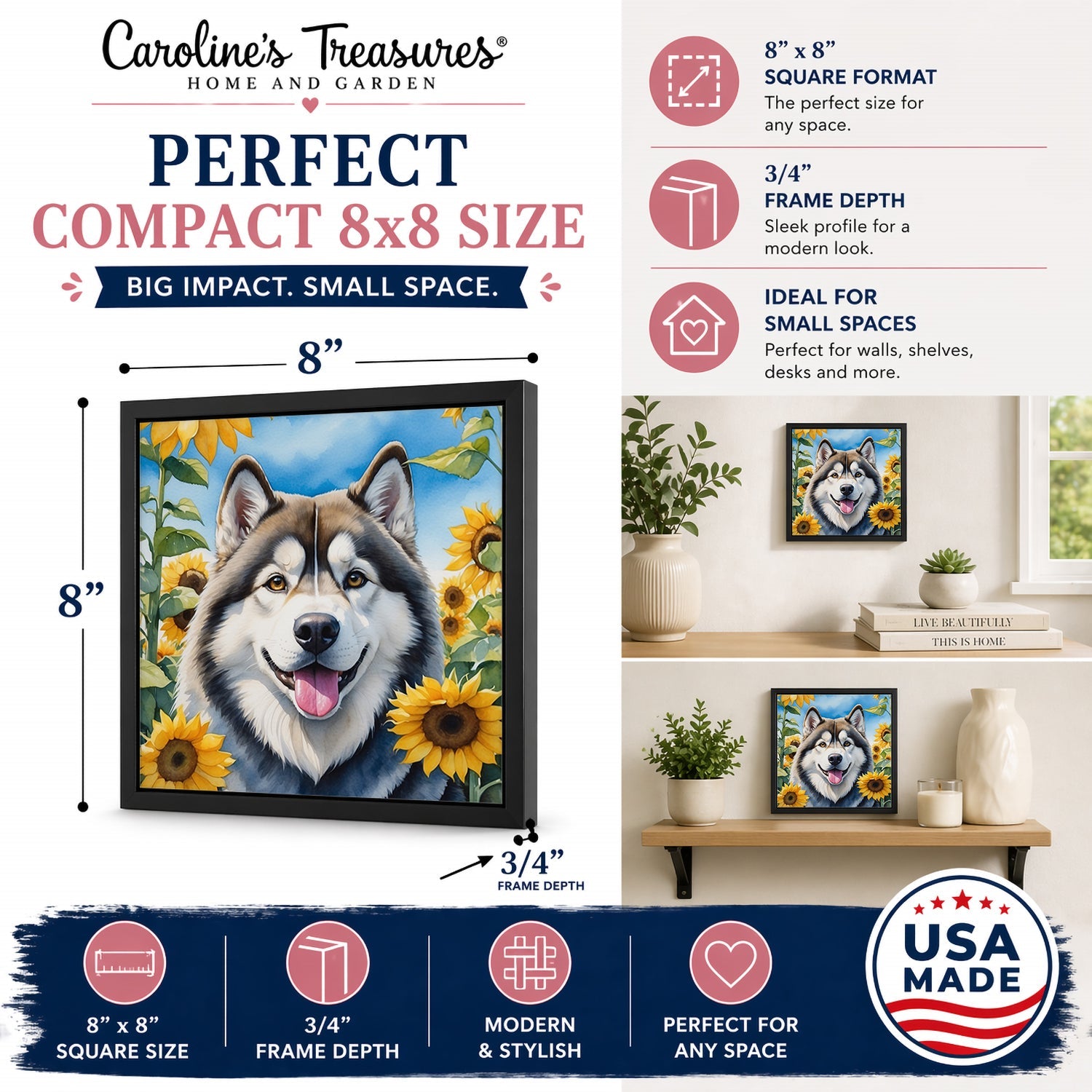 Alaskan Malamute in Sunflowers Framed Metal Print Bathroom, Kitchen, Office, Home Decor Wall Art Ready to Hang, Square, 8X8