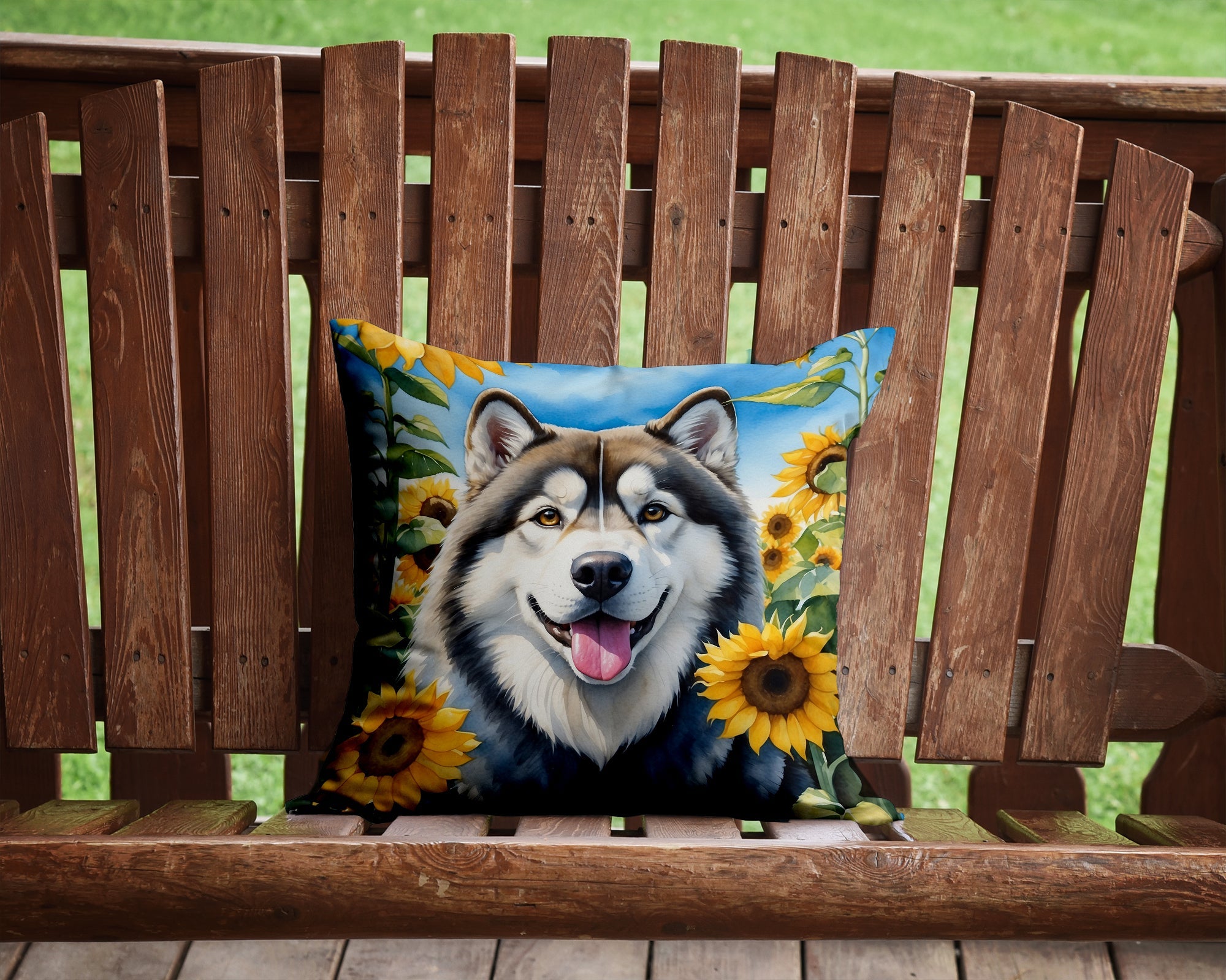 Alaskan Malamute in Sunflowers Decorative Throw Pillow 14x14 Indoor Outdoor Accent Cushion, Fabric Cover with Insert for Sofa, Bed, Porch & Living Room