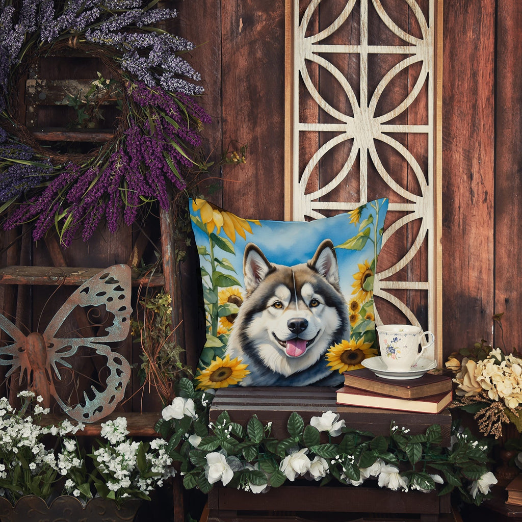 Alaskan Malamute in Sunflowers Decorative Throw Pillow 14x14 Indoor Outdoor Accent Cushion, Fabric Cover with Insert for Sofa, Bed, Porch & Living Room
